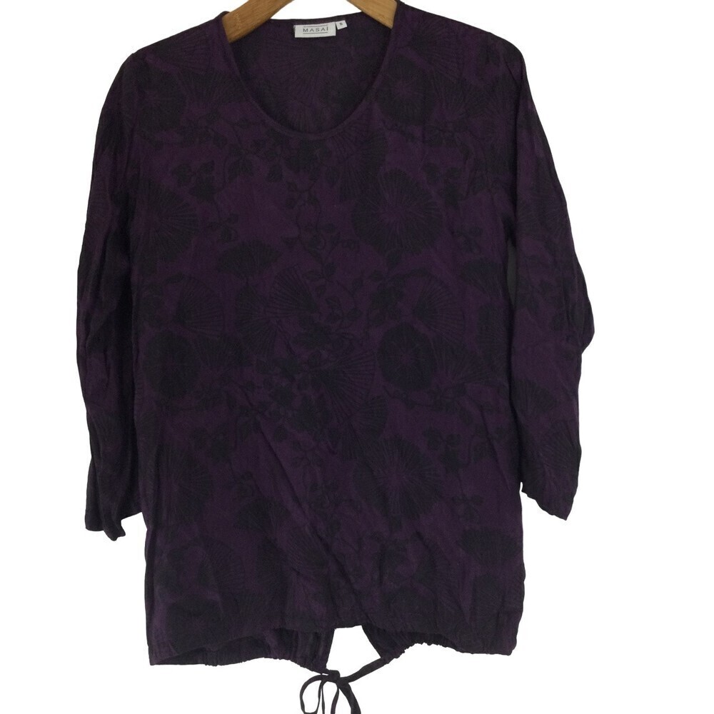 Masai Womens Viscose Floral 3/4 Sleeve Tie Back Hem Blouse Top Purple Size Small